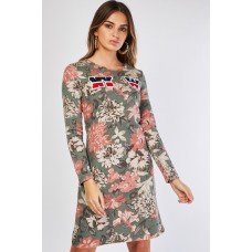 Olive Multi Flowery Printed Jersey Knit Dress